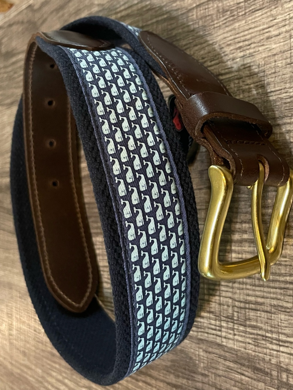 Vineyard Vines Navy Whale Nautical Golf Belt with Brown Leather & Brass Buckle